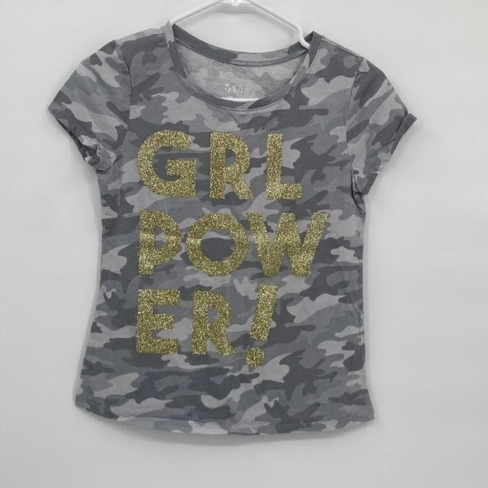 Justice Girls Gray Camo Gold Sparkle GRL POWER! Graphic Short Sleeve Shirt 12